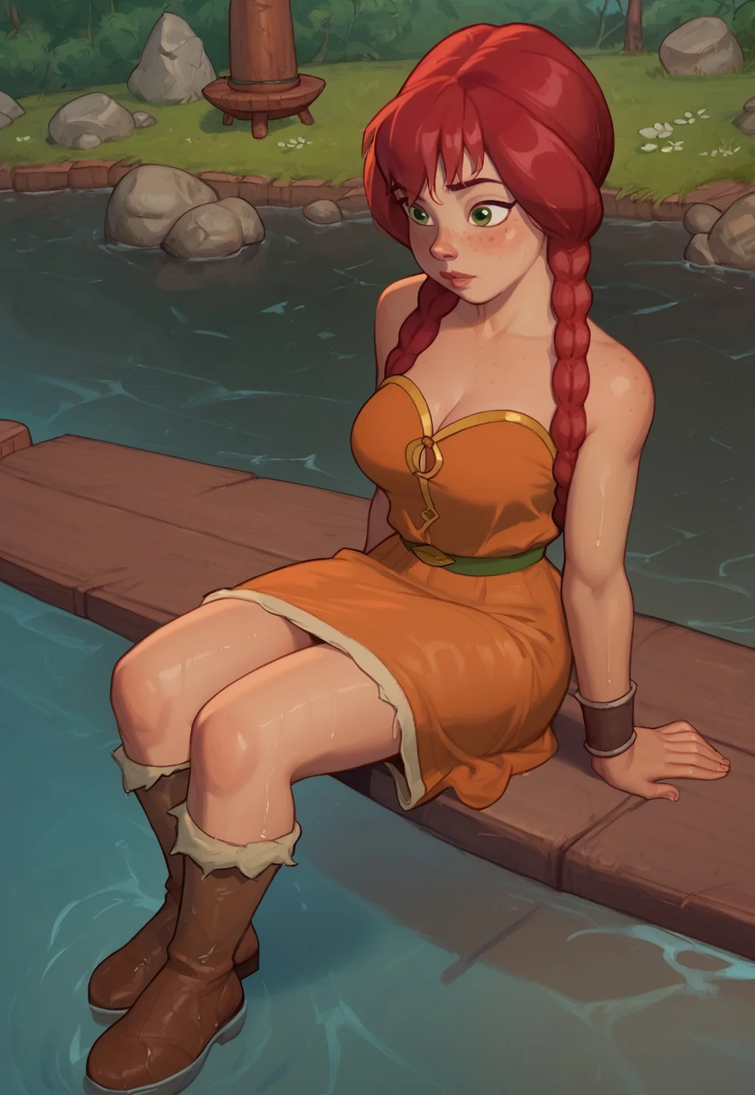 safe_pos, score_9, score_8_up, score_7_up, traditional art, 1 girl, solo, Abba, freckles, large breasts, braid, twin braids, red hair, long hair, dress, boots, bare shoulders, pier, sits on the pier, wet your feet in the water, rocks, sea, spruce forest