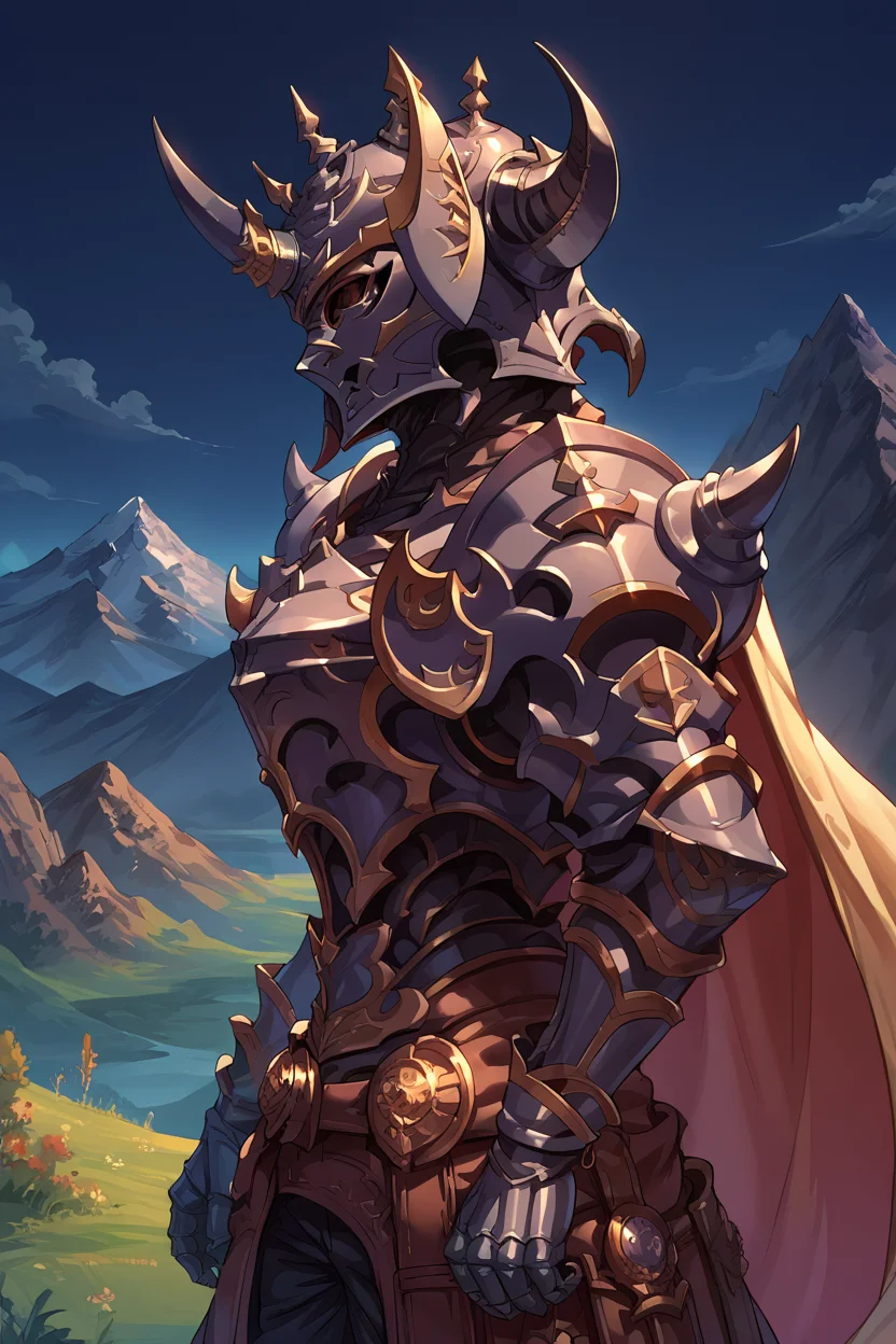 score_9, score_8_up, score_7_up, score_6_up, source_anime, <lora:gbfbk-pdxl-nvwls-v1-000005:1> helmetBK, horned helmet, cape, armor, shoulder armor, gauntlets, black pants, armored boots, mountains, from side, night sky, night