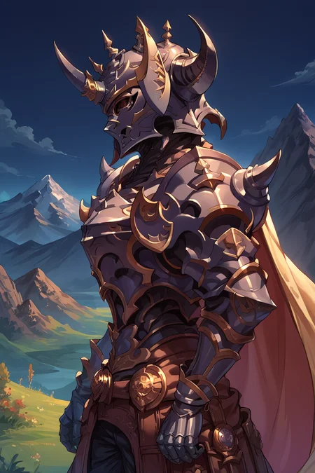 score_9, score_8_up, score_7_up, score_6_up, source_anime, <lora:gbfbk-pdxl-nvwls-v1-000005:1> helmetBK, horned helmet, cape, armor, shoulder armor, gauntlets, black pants, armored boots, mountains, from side, night sky, night