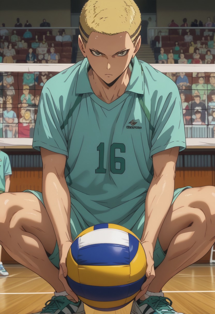 score_9, score_8_up, score_7_up, source_anime, rating_safe, holding ball, Kenaikyu, 1boy, male focus, anime screencap, blonde buzz cut, teal shirt, squatting, volleyball, sneakers, indoor, gym,