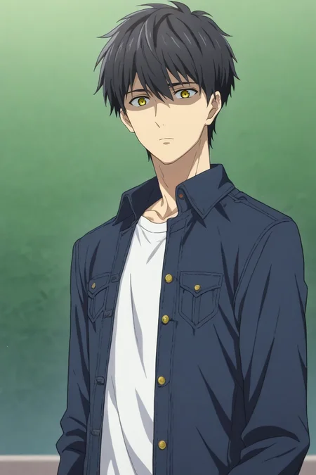 score_9, score_8_up, score_7_up,score_6_up,score_5_up,score_4_up,source_anime,BREAK, rating_safe, intricate details , , , anime screencap, anime coloring, official style, depth of field,1boy, solo, male focus , , ,  <lora:kuro_sakuragawa:0.94>,kuro sakuragawa,black hair,yellow eyes,short hair,bangs,shirt,jacket, upper body, open clothes,shaded face,from side,skewer,looking at viewer , , , <lora:sdxl_lightning_8step_lora_315544:1>