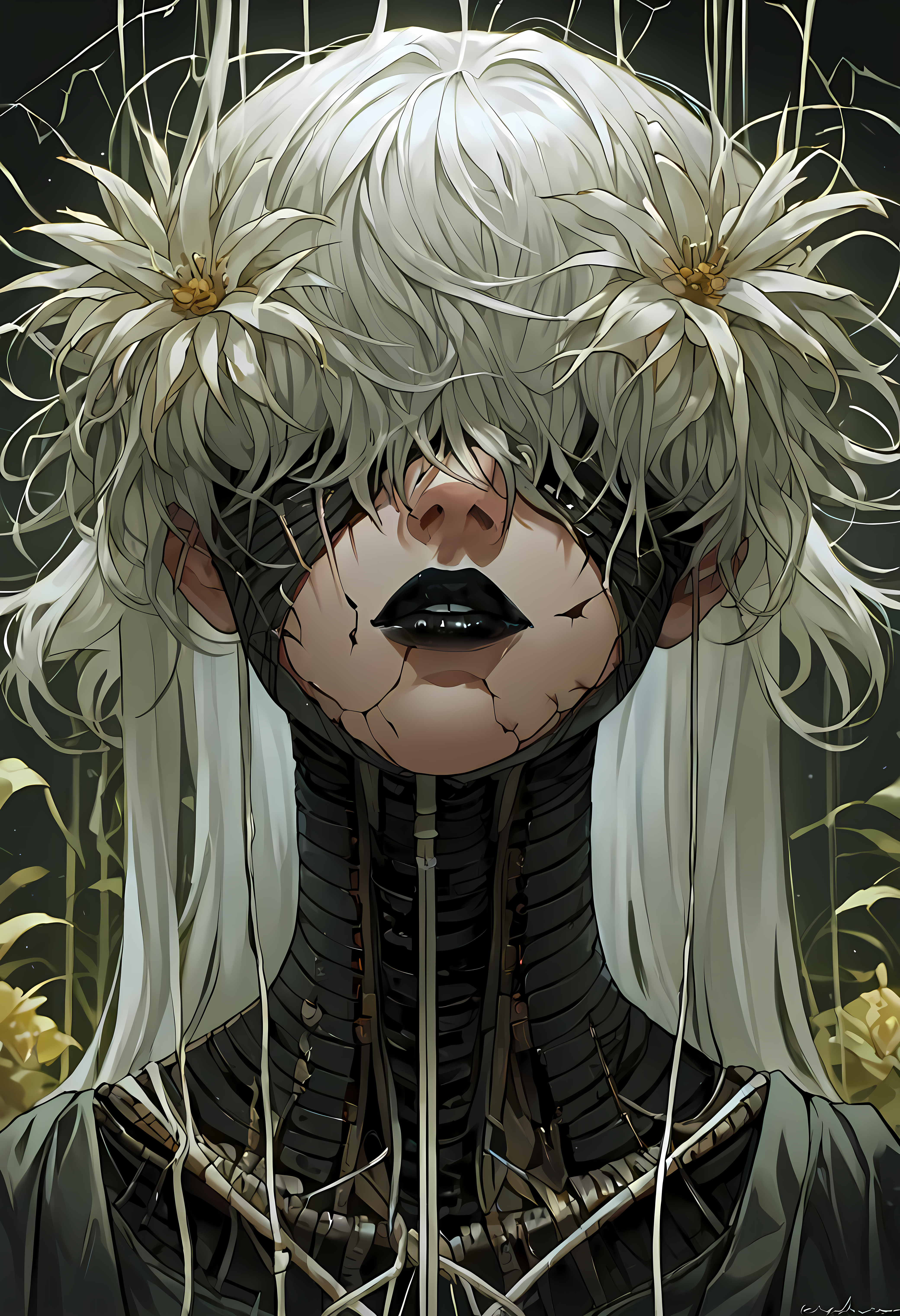 score_9, score_8_up, score_7_up, score_6_up, score_5_up, score_4_up,   <lora:cr34tur3g0r3XLP:0.8> cr34tur3g0r3, 1girl, flowers, cyborg, wires, broken, white hair, messy hair, hair covering eyes, hair over eyes, blunt bangs, black lipstick, robot