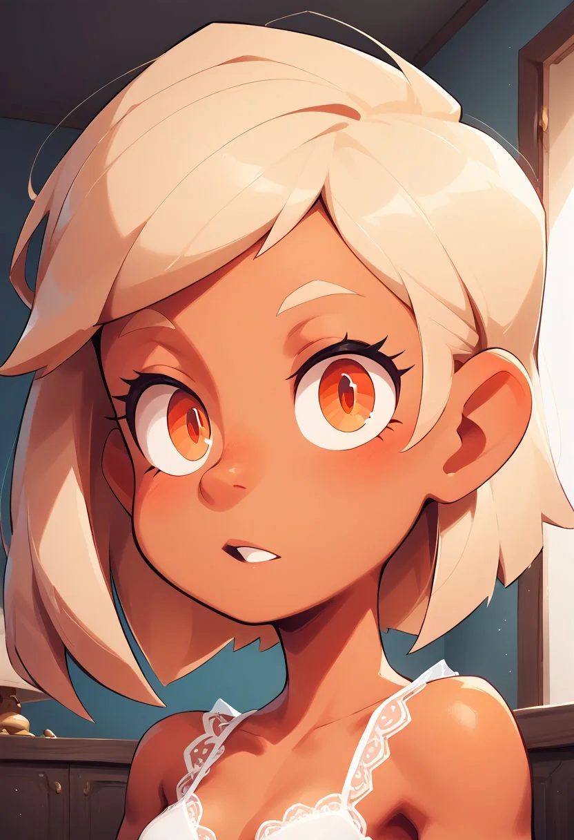 score_9, score_8_up, score_7_up, masterpiece, best quality, (highly detailed skin), (alluring eyes), 1girl, orange eyes, small breasts, perky breasts, lace blouse, close up, (bedroom room), Expressiveh