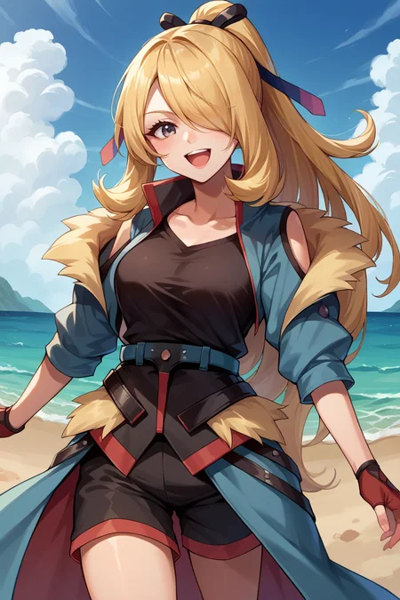score_9, score_8_up, score_7_up, score_6_up, source_anime BREAK 1girl <lora:pkmncynthia-pdxl-nvwls-v1-000006:1> aurCyn, ponytail, hair over one eye, hair ribbon, blue jacket, black shirt, belt, black shorts, fingerless gloves, red gloves, blue overskirt, (big breasts:0.6), happy, open mouth, looking at you, ocean, blue sky