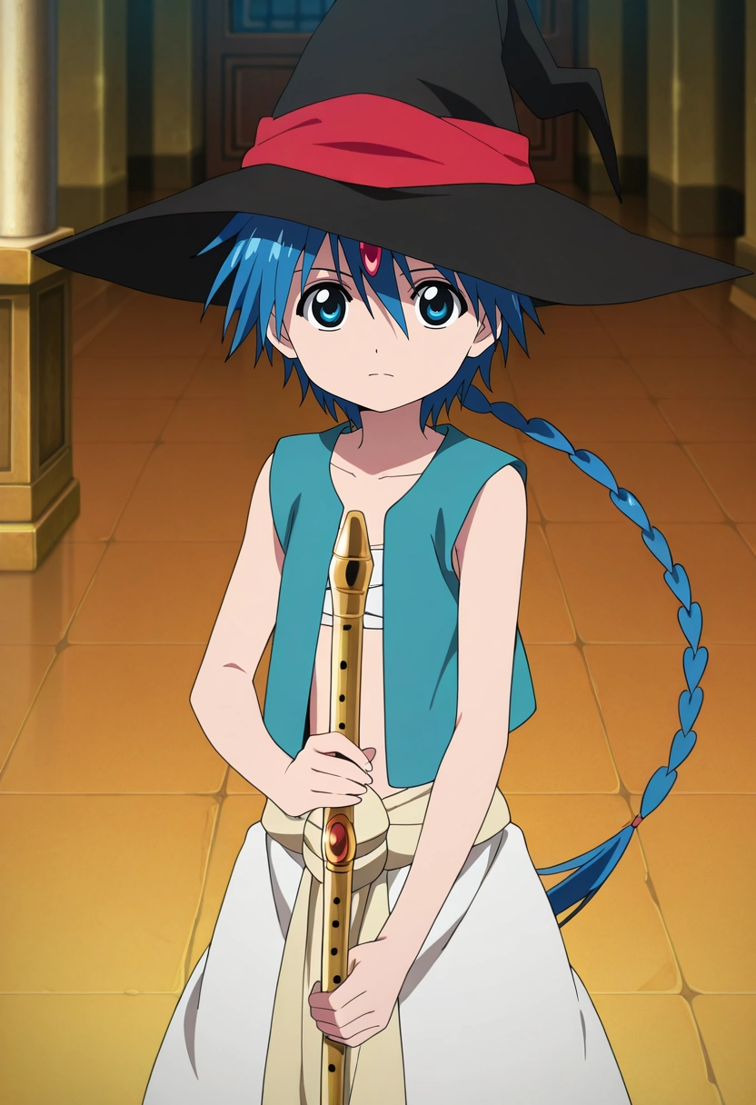 masterpiece, best quality, , anime screencap, anime coloring, official style, looking at viewer, 1boy, solo, male focus, <lora:aladdin_magi_ilxl:0.92>, aladdin_magi, blue hair, blue eyes, long hair, braid, single braid, , , vest, flute, , staff, hat, witch hat, ,