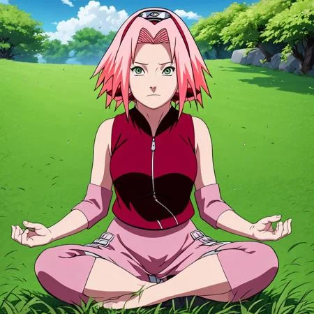 Sakura Haruno strikes a calm beautiful pose as she meditates in the grass with wind blowing her beautiful hair