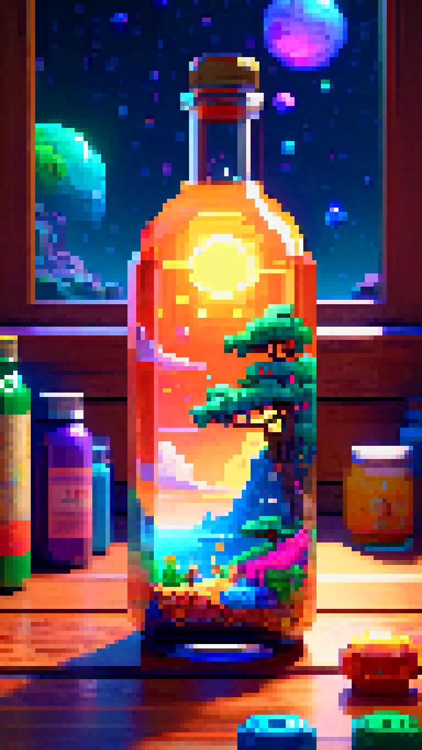 pixel art, the entire observable universe in a single bottle, Dreamlike, Surreal landscapes, Mystical creatures, Twisted reality, Surreal still life, (Extremely Detailed Oil Painting:1.2), glow effects, god rays, Hand drawn, render, 8k, cartoon, octane render, cinema 4d, blender, dark, atmospheric 4k ultra detailed, cinematic sensual, Sharp focus, humorous illustration, big depth of field, Masterpiece, colors, 3d octane render, 4k, concept art, trending on artstation, hyper realistic, Vivid colors, extremely detailed CG unity 8k wallpaper, trending on ArtStation, trending on CGSociety, Intricate, High Detail, dramatic, (masterpiece), (best quality), (ultra-detailed), (unreal engine), (octane render), (HDR)