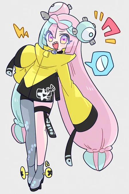 Qstyle,iono \(pokemon\), 1girl, grey pantyhose, character hair ornament, sharp teeth, solo, yellow jacket, single leg pantyhose, bow-shaped hair, pink hair, jacket, multicolored hair, hair ornament, long hair, sleeves past wrists, white background, teeth, sleeves past fingers, hexagon print, pantyhose, two-tone hair, open mouth, simple background, full body