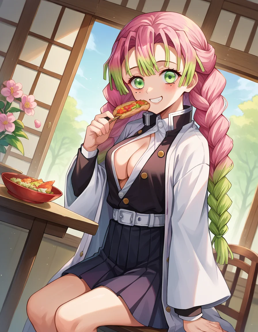 score_9, score_8_up, score_7_up, source_anime,
mitsurikanroji, <lora:mitsuri-kanroji-ponyxl-lora-nochekaiser:1>,
mitsuri kanroji, braid, gradient hair, green eyes, green hair, long hair, mole,  mole under eye, multicolored hair, pink hair, twin braids, two-tone hair, smile,
belt, black skirt, cleavage, coat, demon slayer uniform, haori, japanese clothes, long sleeves, miniskirt,  partially unbuttoned, pleated skirt, skirt, uniform,
indoors, eating, sitting, table, chair, dango,
looking at viewer, dutch angle, cowboy shot,