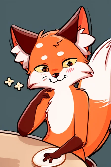 <lora:lisa-10:0.95> 1boy, :3, animal ear fluff, animal nose, blush, fox, fox ears, fox tail, furry, hand up, no humans, orange fur, outline, pappy, sitting, solo, tail, upper body, yellow sclera
sitting on the table, sleeping eyes, tired