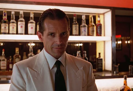 bartender, man, closeup, evil look, bar, white neon light, Overlook Hotel, indoors, highly detailed, 4K, ((bright grainy 35mm photo))
