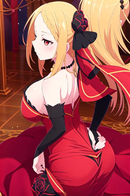 nsfw, Priscilla_Barielle, person, solo, from_behnd, back, ass, taut_dress, blonde_hair,  red_eyes,  red and black dress, green neklace, black and red hair_ornament, large_breasts, cleavage, bridal_gauntlets,  facing_away, looking_away, <lora:Priscilla_Barielle:0.6>