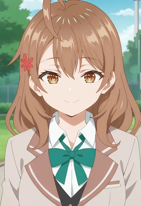 Maria Mikhailovna, 1girl, solo, brown hair, ahoge, brown eyes, long hair, hair between eyes, hair ornament,hair flower, school uniform, jacket,white shirt, green bow, collared shirt, blazer, green bowtie,open jacket, vest, green ribbon, looking at viewer <lora:Maria Mikhailovna-000013:0.9>, smile, score_9, score_7_up,anime coloring ,source_anime, anime, anime screencap