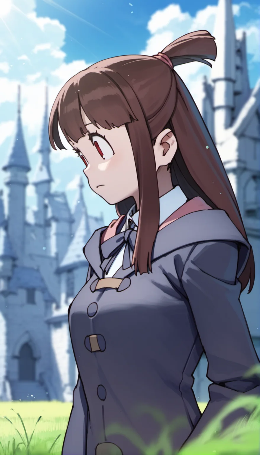 score_9,score_8_up,score_7_up,
<lora:AtsukoKagari:0.9>,akkokagari,
1girl,solo,brown hair,long hair,bangs,short ponytail,red eyes,witch robe,white collar,bowtie,portrait,
blurry background,outdoors,bloom,light particles,lens flare,cloud,magic academy,castle,courtyard,grass,
