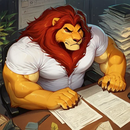 Mufasa, Lion, Red Eyes, anthro, claws, fat, muscular, white shirt, score_9, score_8_up, score_7_up, score_6_up, score_5_up, score_4_up, office, working at a desk, serious expression, looking at paperwork, sweaty, worry sweat