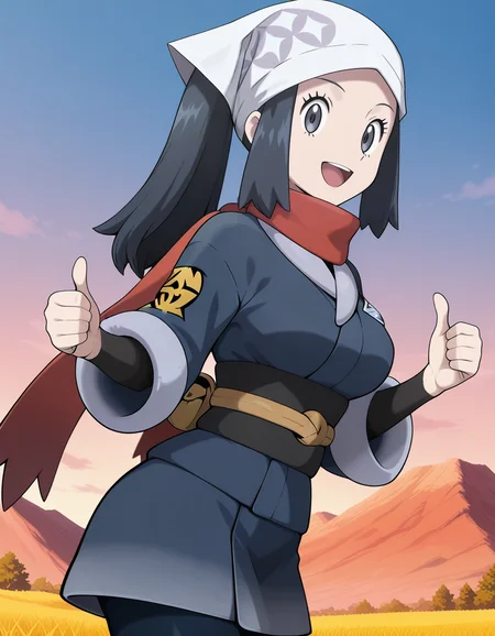 Akari (POKEMON LEGENDS),black hair,black eyes,galaxy expedition team survey corps uniform,head scarf,red scarf,black pantyhose,(both hands thumbs up:1.2), (((open mouth))),(at dusk:1.1), ((Mount Kinabalu)),outdoors,sky,(blush:-1),
from side,
looking at viewer,
medium breasts,
perky breasts,explicit,best quality,very aesthetic,absurdres,16k,intricate detail,amazing quality,(bold:3.12),thick outline,black outline,harsh lines,soft lines,deluster,boldline,curvy,slim,
smile,
(anime screencap),(anime coloring:1.2),anime screenshot, animated painting, animated gif,2d cel anime,anime cap,anime,anime style,anime cel,Cel shading,cel shaded,soft brightness,perfect face,perfect nose, perfect hair, perfect eyes,perfect female body,perfect skin,a face of perfect proportion,perfect lighting,perfect anatomy,perfect proportion,perfect hands,perfect legs,perfect fingers,masterpiece,super fine illustration,detailed linework,vibrant colors,kawaii,flat color,
<lora:ãã±ããã¢ã³ã¹ã¿ã¼ã·ã§ã¦illustriousPokemonAkariillustrious-000017:1:0.8>