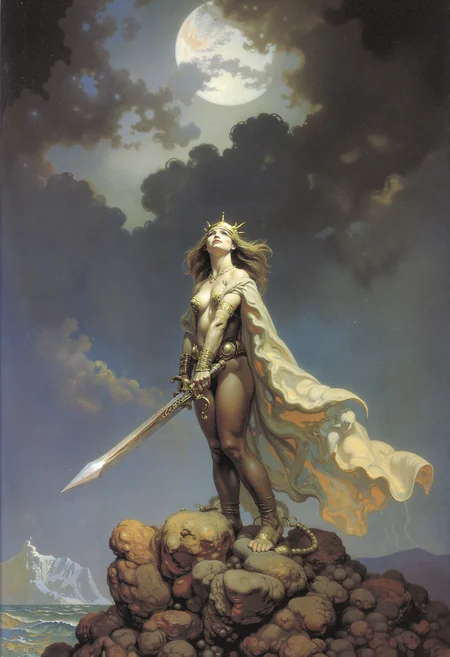 Frank Frazetta fantasy oil painting of a Valkyrie warrior princess wielding a shining sword under a stormy sky 