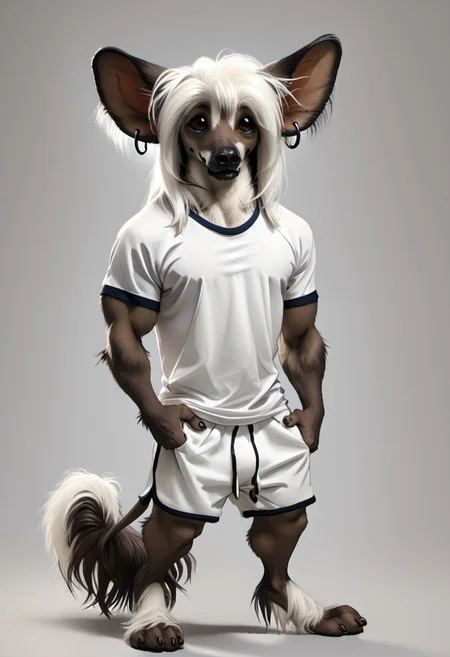 score_9, score_8_up, score_7_up, score_6_up, score_5_up, score_4_up, photorealistic, realistic, masterpiece), furry male, detailed face, detailed eyes, detailed hair, detailed fur, solo, Fur-GnS, white Goatee, Chin Goatee, Facial Hair, white Sideburns, muttonchops, 
BREAK
Chinese_Crested, Chinese crested, anthro dog, big ears, white fur, tan skin, brown skin blotches, furry wrists, furry ankles, furry ears, fluffy ears, furry tail, curled tail, black nose, brown eyes, cartoon eyes, anime eyes, speedo, white sclera, brown snout, T-shirt, shorts, earrings, skateboarding 
BREAK
BlckSd-Style, blacksad, inked lines, hand drawn, watercolor, furry, anthropomorphic animals
<lora:add-detail-xl:1.5>
