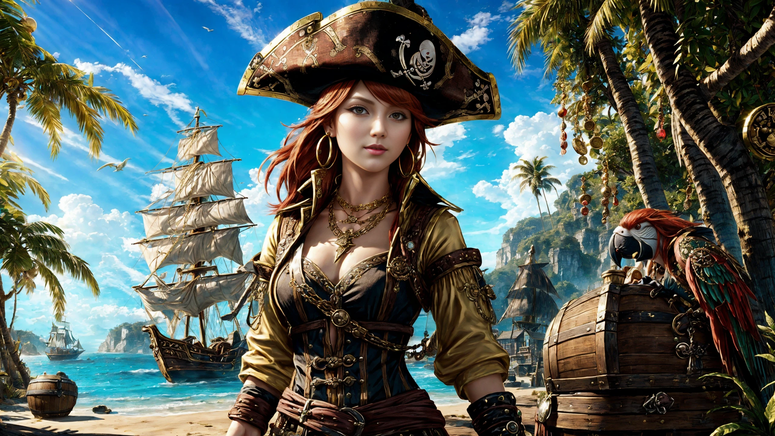 (young redhead pirate woman), (portrait), (parrot:1.2), sharp focus, (ultradetailed), (standing), (happy) smile, pirate (ship galleon:1.2,  hoop earrings, gold medallion, Rich Brownpirate clothes, pirate hat, hips,   pirate (village), leafy beach coast, (treasure chest with coins, gems and jewels:1.2), (rum barrel), best quality masterpiece,  bright sunny sky, backlight, natural lights, high contrast, hdr, shadows, pretty, beautiful, feminine, sexy, adorable, lovely, in love, (PirateDiffusionprt:0.5),  <lora:Pirate:0.3>  PrateT  <lora:PirateRealms:0.3> <lora:Detail Tweaker LoRA add_detail:0.8> <lora:depth_of_field_slider_v1:5> <lora:SDXLrender_v2.0:0.9>