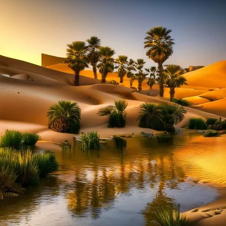 (masterpiece:1.2), (best quality,:1.2), 8k, HDR, ultra detailed, ((photorealistic)), professional light, cinematic lighting, fashion photography, ambient lighting, atmospheric effects, <lora:detail_slider_v4:3>, an oasis with a small river in a sandy desert in Giza Egypt, FanDe, <lora:FantasyDesert-10:1>, epiCPhoto