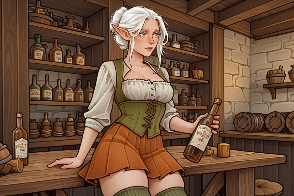 solo,  waitress, skirt, elf, woman, medium breasts, big thighs, skindentation, white hair, long eyelashes, hairbun, working, busy, freckles, 
tavern, medieval, s4sh4dow, 
tables, shelves with alcohol bottles,
<lora:SaShadowArt-illustrious:1>