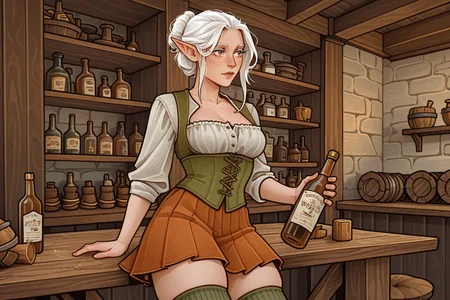 solo, waitress, skirt, elf, woman, medium breasts, big thighs, skindentation, white hair, long eyelashes, hairbun, working, busy, freckles,
tavern, medieval, s4sh4dow,
tables, shelves with alcohol bottles,
<lora:SaShadowArt-illustrious:1>