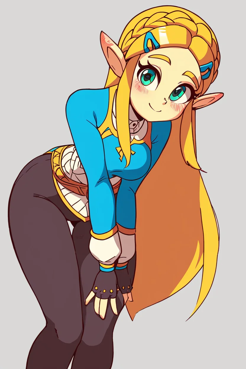 score_9, score_8_up, score_8, medium breasts, cute, eyelashes, leaning forward, princess zelda, long hair, crown braid, hairclip, pointy ears, blue shirt, long sleeves, fingerless gloves, black gloves, black pants, tight pants, green eyes, solo, looking at viewer, smile, blush, <lora:Diives_P1:0.8>,