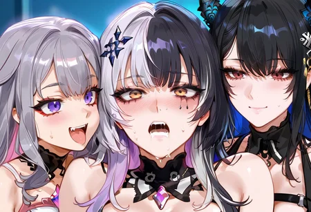 (3girls masterpiece, perfect quality, best quality, absolutely eye-catching, absurdres), highres, newest, chocopizza, BREAK, 
((koseki bijou)), in the middle, purple eyes, long hair, grey hair ,BREAK ,
((nerissa ravencroft)), long hair, black hair, red eyes, on the left, BREAK ,
((shiori novella)), on the right, slanted eyes, yellow eyes, multicolored hair, black collar