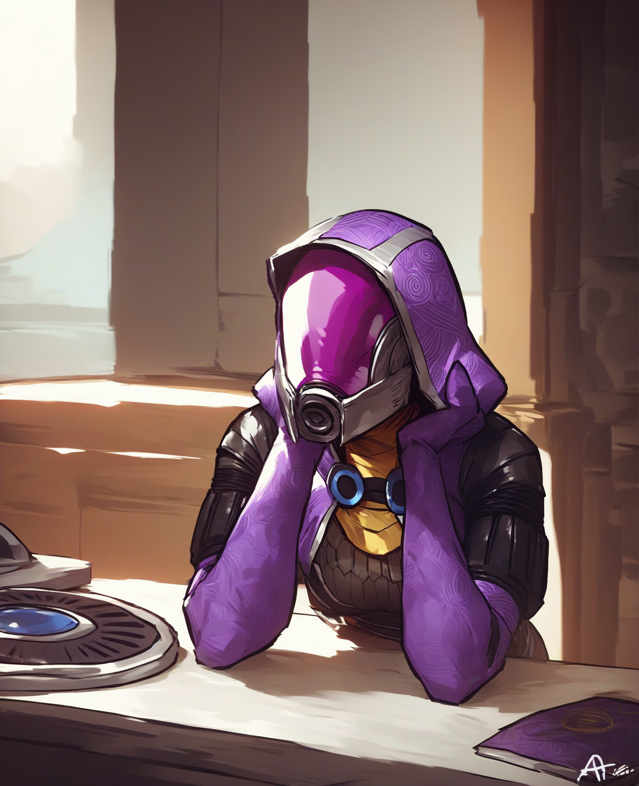 score_9, score_8_up, score_7_up, score_6_up, score_5_up, score_4_up, source_furry, by aqe, tali, tali'zorah, 1girl, solo, (3 fingers:1.2), hood, purple bodysuit, mask, (helmet, faceless), hood up, alien, inside, bent over, (leaning forward), facing viewer, wide hips,  <lora:talizorah_pdxl_:1>