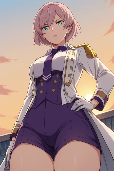 score_9, score_8_up, score_7_up, source_anime, 1girl, prefect lighting, very aesthetic, intricate details, highly detailed background, masterpiece, high quality, prefect hands, best quality, solo,
<lora:Mujina_SSSS.Dynazenon_V1:.85>, KJOmujina, short hair, pink hair, blue eyes, thick thighs,
navy coat, long sleeves, white gloves, purple shorts, white collared shirt, purple collar, purple tie,
hand on own hip, serious, looking at viewer, from below, dutch angle,
rooftop, sunset,
(Beautiful, medium Breasts:1.2), natural breasts,