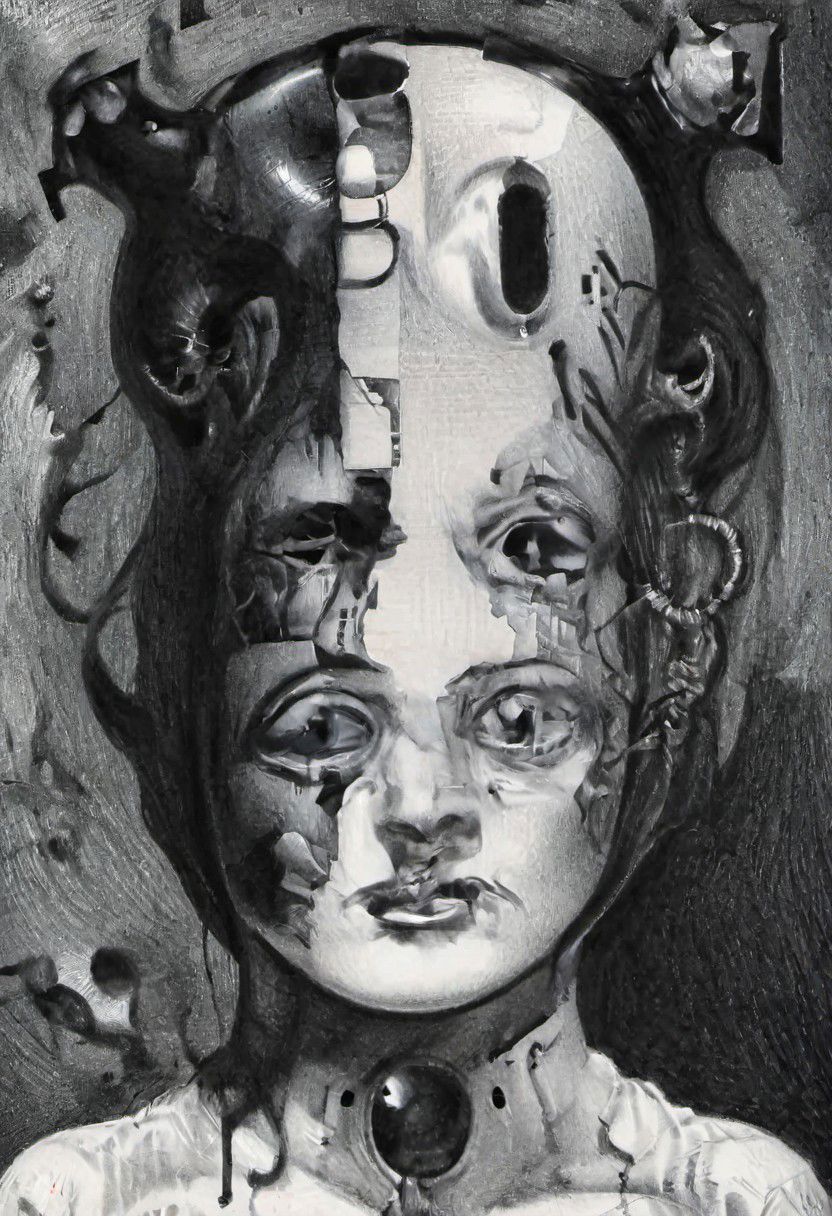 Monochrome black and white, Giger, Beksinski, Zawadzky, Dali, Magritte, Delvaux, Bellmer, Malevitch, Rodchenko, Mondrian, Kandinsky, Popovna, psychedelic hallucination, pop surrealism, rough crosshatch drawing pop art Lunatic_Portrait of a young woman in latex Avant-garde Fashion page, slick back, low bun, black makeup, sinister expression, intense glare, avant-garde, abstract, weird, geometric, constructivism, suprematism, rayonism, verticism, lineism, tj, Avant-garde Fashion page, Lunatic_Portrait, pop surrealism, pop art, drawing, painting, tj, JimmyAlonzo, Surreal psychedelic bizarre, pencil, drawing,  by Brian Selznick, JuggernautNegative, jorg karg, Mila Jovovich face