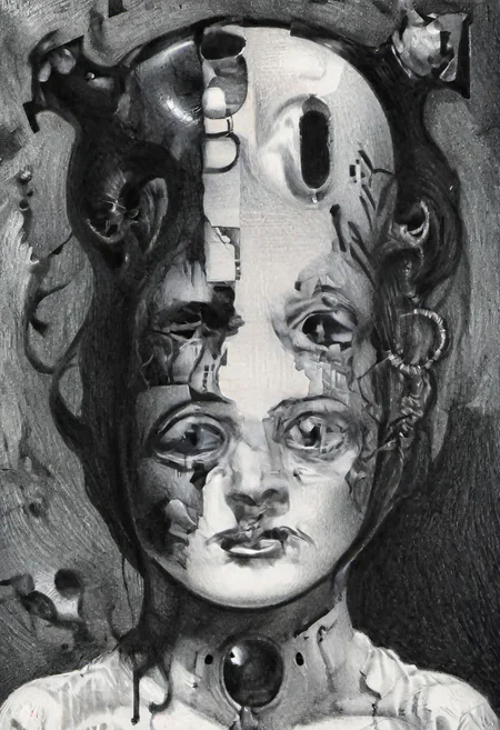 Monochrome black and white, Giger, Beksinski, Zawadzky, Dali, Magritte, Delvaux, Bellmer, Malevitch, Rodchenko, Mondrian, Kandinsky, Popovna, psychedelic hallucination, pop surrealism, rough crosshatch drawing pop art Lunatic_Portrait of a young woman in latex Avant-garde Fashion page, slick back, low bun, black makeup, sinister expression, intense glare, avant-garde, abstract, weird, geometric, constructivism, suprematism, rayonism, verticism, lineism, tj, Avant-garde Fashion page, Lunatic_Portrait, pop surrealism, pop art, drawing, painting, tj, JimmyAlonzo, Surreal psychedelic bizarre, pencil, drawing, by Brian Selznick, JuggernautNegative, jorg karg, Mila Jovovich face