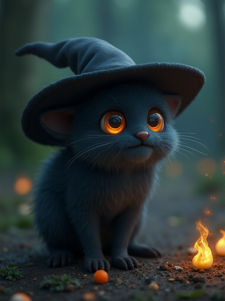 Witching Hour
Midnight is when the magic truly begins. ð Whether itâs witches casting spells, brewing potions, or performing rituals, this category celebrates all things witchy. Give us your best enchantments and magical scenes!, 3d fluffy, closeup cute and adorable, cute big circular reflective eyes, long fuzzy fur, Pixar render, unreal engine cinematic smooth, intricate detail, cinematic