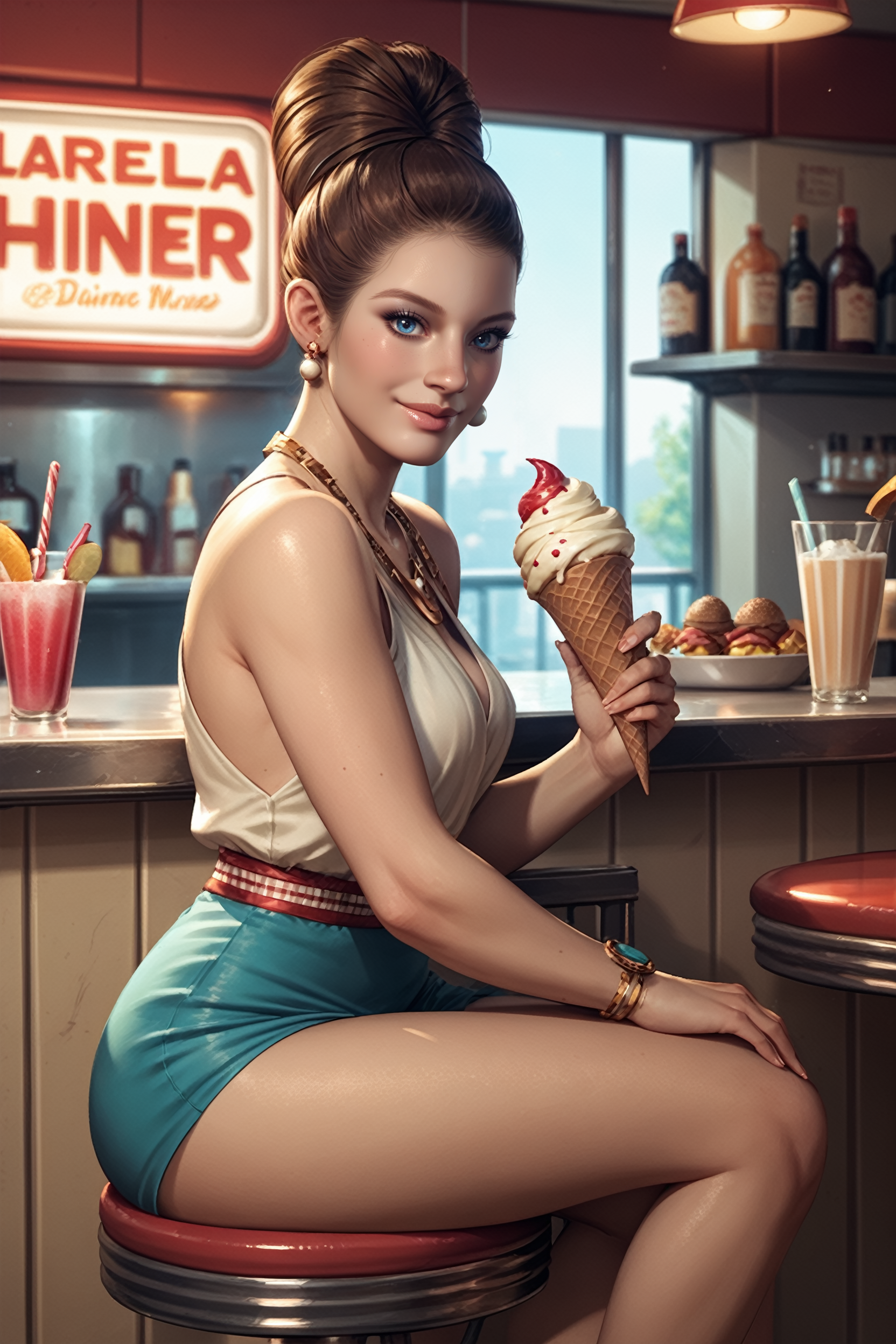 score_9, score_8_up, score_7_up, score_6_up
<lora:RE5Excella:0.8>
RE5Excella, 1girl, brown hair, blue eyes, hair updo, looking at viewer, smiling, sitting, on stool, inside diner, counter, holding ice cream cone