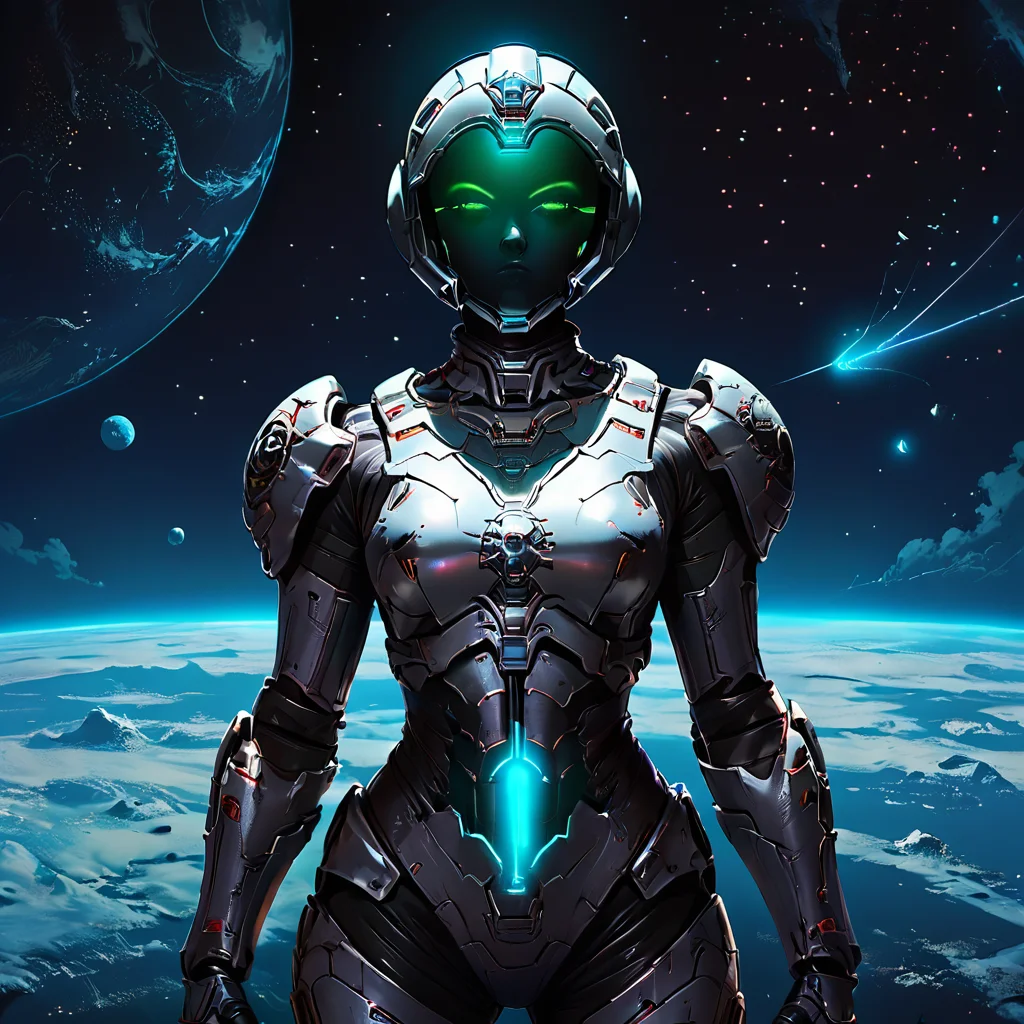 score_9.score_8_up,score_7_up,source_anime,
 <lora:Space_clothes-pony-8:0.6> ,
space_space,
no humans,humanoid, android,female focus,solo,looking at viewer,cyberounk ,dark space armor,neon lines,glow,helmet,futuristic, star (sky)