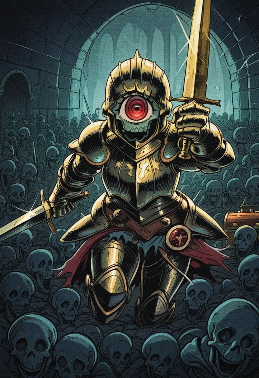 813nm0hstyle, masterpiece, best quality, solo, one eye cyclops, iron armor, holding sword, , anger, surrounded by skeletons, fantasy dungeon, cobble, treasure chest,