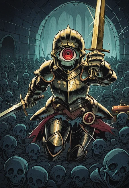 813nm0hstyle, masterpiece, best quality, solo, one eye cyclops, iron armor, holding sword, , anger, surrounded by skeletons, fantasy dungeon, cobble, treasure chest,