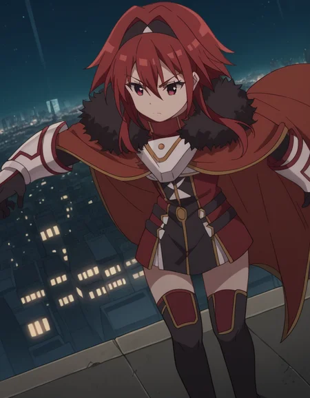 score_9, score_8_up, score_7_up, source_anime, <lora:bofuri-mii-s2-ponyxl-lora-nochekaiser:1>, mii, long hair, bangs, red eyes, hair between eyes, sidelocks, red hair, hairband, black hairband,, gloves, black gloves, cape, armor, fur trim, red cape,, city skyline, rooftop view, night time, city lights, quiet reflection, , , hand on shoulder, foot crossed over, knee up, solo,, cowboy shot, dutch angle