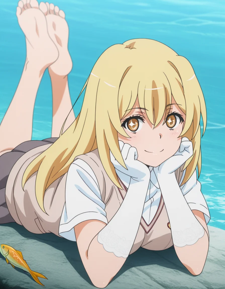 masterpiece, best quality, amazing quality,, <lora:misaki-shokuhou-s3-illustriousxl-lora-nochekaiser:1>, misaki shokuhou, blonde hair, hair between eyes, long hair, symbol-shaped pupils, yellow eyes, mature female, breasts, anime screencap, elbow gloves, gloves, school uniform, short sleeves, summer uniform, sweater vest, tokiwadai school uniform, white gloves, light brown sweater vest,, river, flowing, fish, banks, current, smile, the pose, on stomach, feet up, lying, soles, feet, legs up, head rest, barefoot, looking at viewer, solo,, cowboy shot, solo