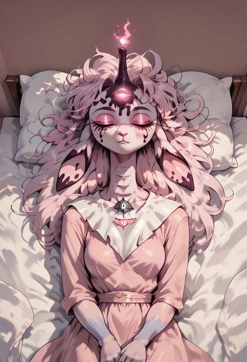 female focus, solo focus, solo, score_9, score_8_up, score_7_up,1girl, belphegorHelluvaBoSSV1, furry female, sheep, furry, 1girl, female Focus, glowing eyes, pink eyes, pokemon (creature), closed eyes, bed, bedroom, sleep, asleep, sleeping