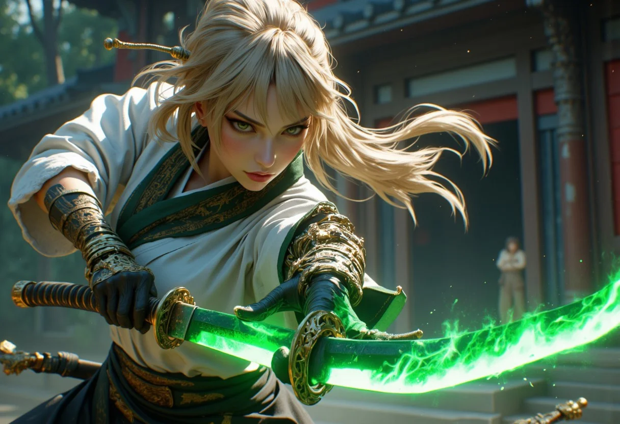 (A cinematic shot of a beautiful asian female, detailed face features, blonde hair, holding a green glowing katana by the handle in attacking pose, green fire around the katana blade, best quality, amazing details, temple in background:1.2), hkwarrior, mythp0rt