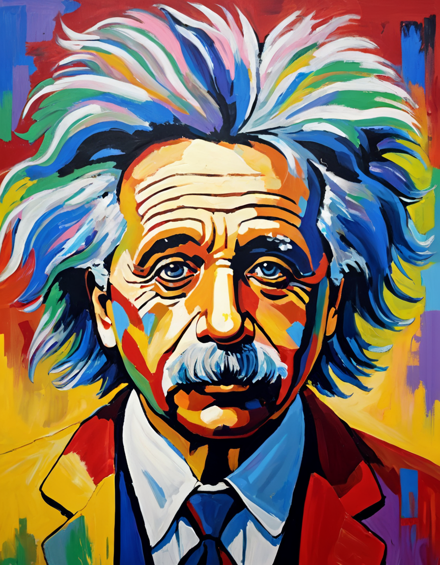upper body portrait a man,acrylic painting,tousled hairstyle,Einstein, upper body portrait a man,acrylic painting,tousled hairstyle,Einstein, sublime elegant, highly detailed, sharp focus, artistic, fine detail, intricate, innocent, radiant light, cinematic, background bright colors, shiny, rich deep color, striking, beautiful, symmetry, great composition, saturated, iconic, fantastic, creative, epic, enhanced, best