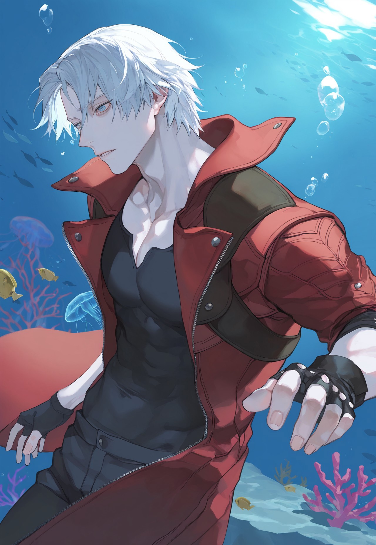 masterpiece, best quality, very aesthetic, high resolution, ultra-detailed, absurdres, newest, extremely detailed eyes, beautiful, perfect lighting, hi res, amazing quality, NEWTRVL_ST, solo, 1boy, white hair, male focus, pale skin, coat, fish, bubble, underwater, air bubble, swimming, jellyfish, coral, diving, dante \(devil may cry\)