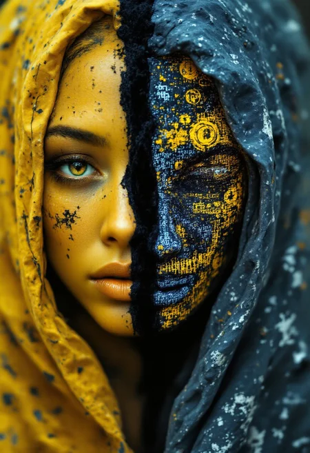 a body adorned with intricate black and blue patterns. The left side of the body is predominantly yellow, with symbols and doodles, while the right side is dark, featuring mechanical elements. , cinematic_1940s cinematic_octane. Woman is standing uphill. Uphill is made of rocks only. No plants,no flowers.