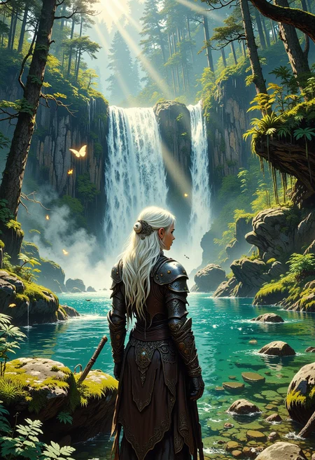 in the style of ck-ovf, a dark elf forest warrior woman, dark skin, white hair, sidelocks, bangs, dark eyeshadow, circlet, wearing a skimpy hide tunic, cleavage, facing viewer, standing in a lush, green forest in front of a towering waterfall cascading into a crystal-clear pool surrounded by dense, moss-covered rocks and tall, ancient trees. The sun casts god rays, and butterflies fly languidly in the air