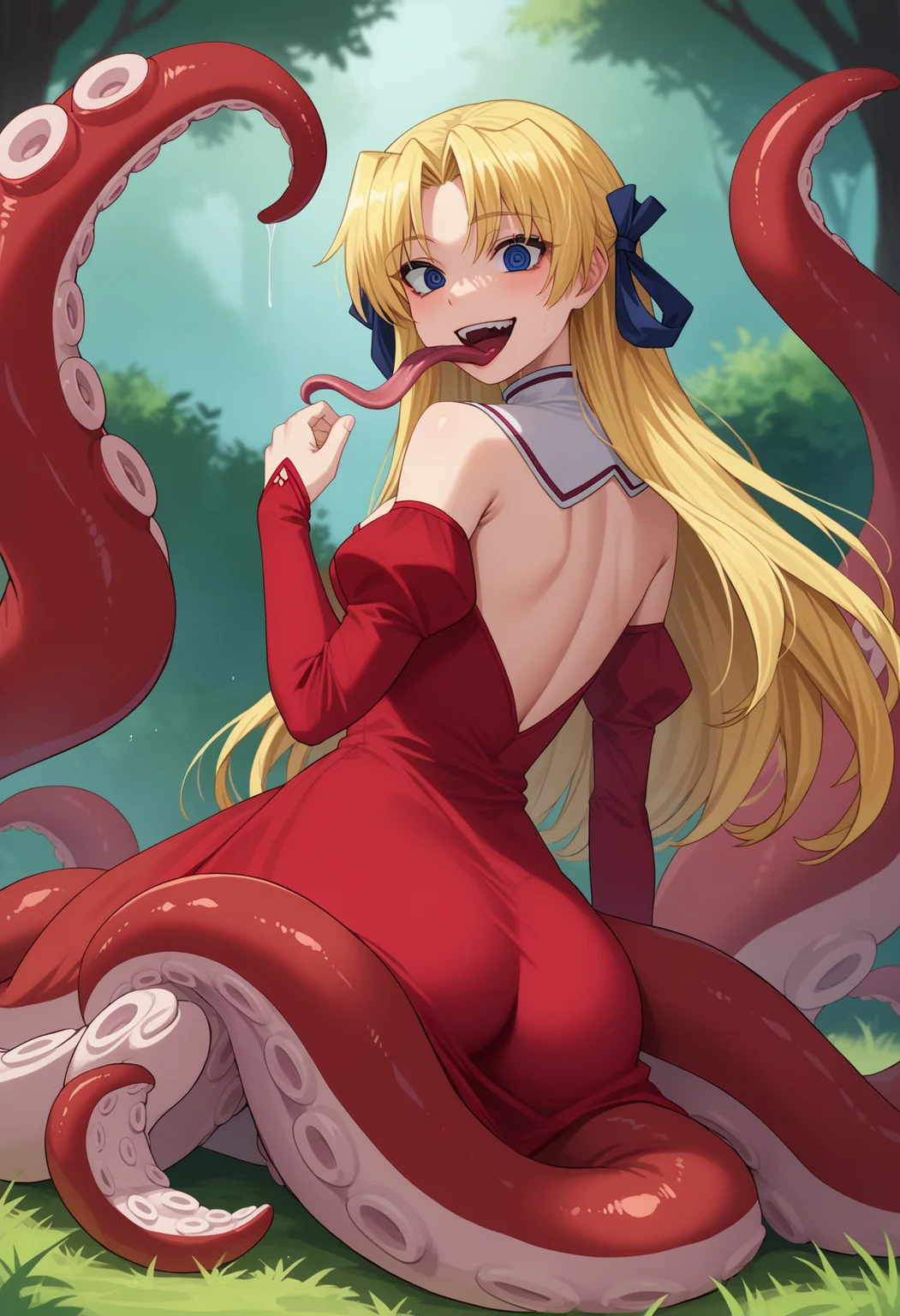 score_9, score_8_up, score_7_up, source_anime, rating_explicit,
BREAK
<lora:shiTentV1:1>,
shihybridcle, tentacle girl, tentacles, tentacle hair, monster girl, suction cups, scylla,
1girl, solo,
<lora:shiCampEricaV1:0.9> shiericadress, long hair, blonde hair, blue eyes, hair ribbon, long sleeves, red dress, cleavage, bare shoulders, detached sleeves, detached collar, frills,
kneeling, from behind, ass, ass focus, laughing, crazy eyes, crazy smile, tongue out, long tongue,
outdoors,