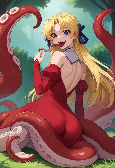 score_9, score_8_up, score_7_up, source_anime, rating_explicit,
BREAK
<lora:shiTentV1:1>,
shihybridcle, tentacle girl, tentacles, tentacle hair, monster girl, suction cups, scylla,
1girl, solo,
<lora:shiCampEricaV1:0.9> shiericadress, long hair, blonde hair, blue eyes, hair ribbon, long sleeves, red dress, cleavage, bare shoulders, detached sleeves, detached collar, frills,
kneeling, from behind, ass, ass focus, laughing, crazy eyes, crazy smile, tongue out, long tongue,
outdoors,