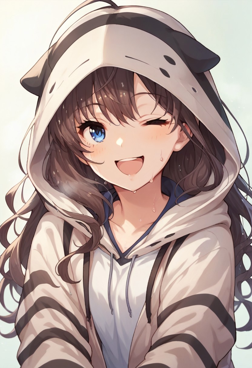 score_9, score_8_up, score_7_up, source_anime,ichinose shiki, long hair, brown hair, blue eyes, 1girl, one eye closed, solo, smile, open mouth, hood, hoodie, sweat, ;d, striped