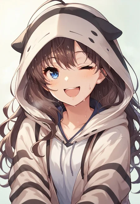 score_9, score_8_up, score_7_up, source_anime,ichinose shiki, long hair, brown hair, blue eyes, 1girl, one eye closed, solo, smile, open mouth, hood, hoodie, sweat, ;d, striped