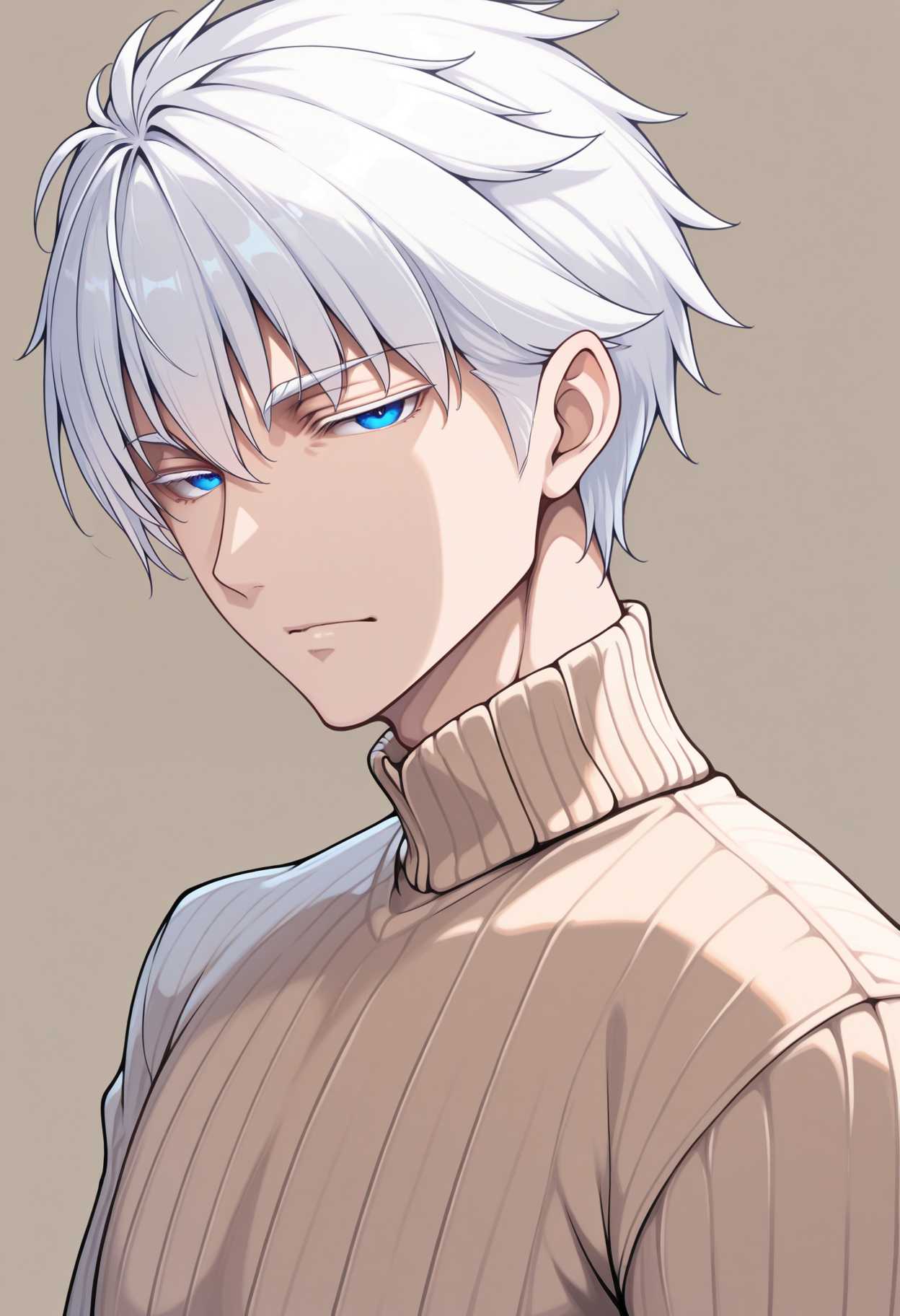 masterpiece, best quality, 1boy, solo, male focus, <lora:johan-nikke-richy-v1_ixl:1> johan, blue eyes, white hair, short hair, turtleneck sweater, looking at viewer, closed mouth, tired